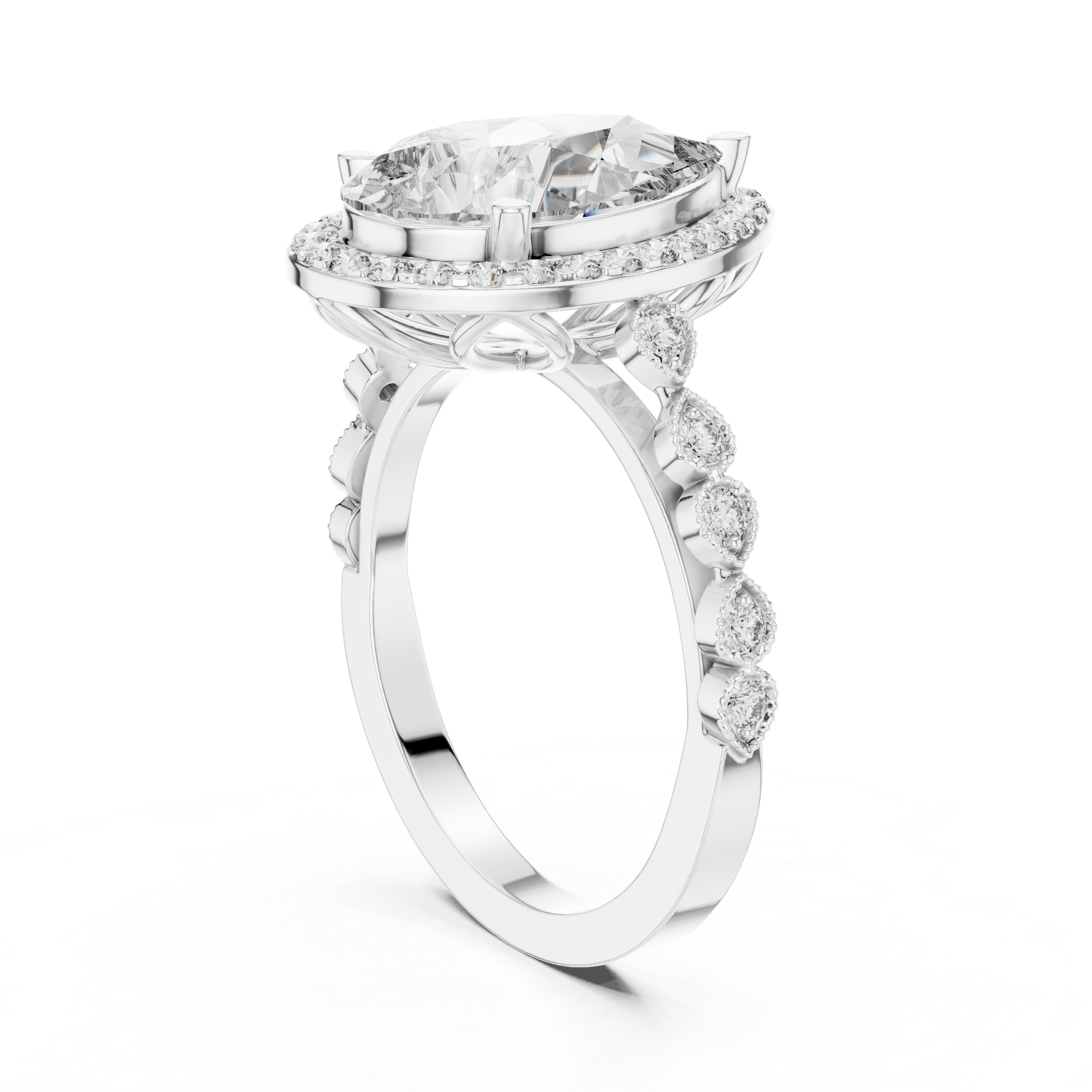 Pear Diamond Halo Ring with Milgrain Pear Station Band