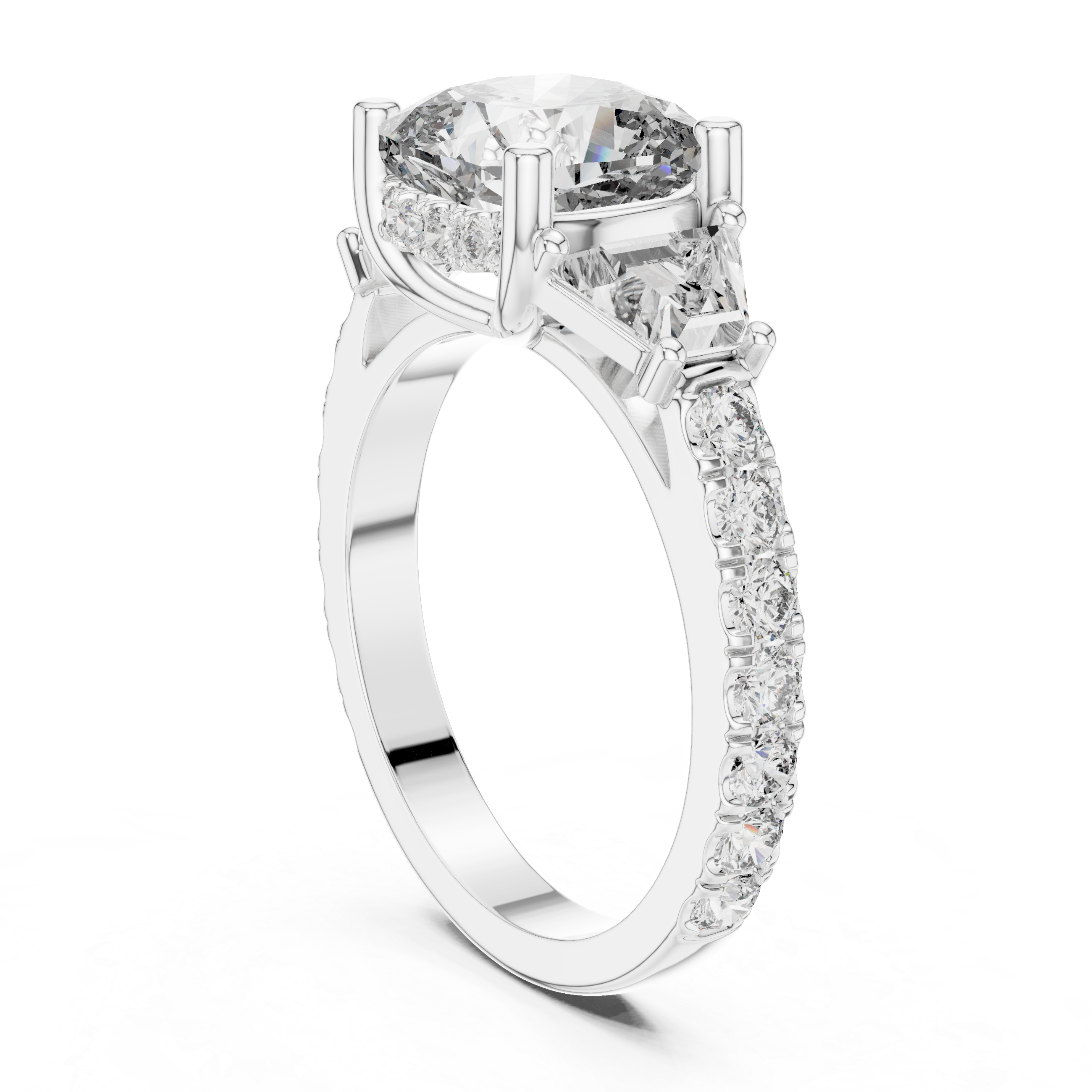 Three Stone Cushion Diamond Ring With Pave Band