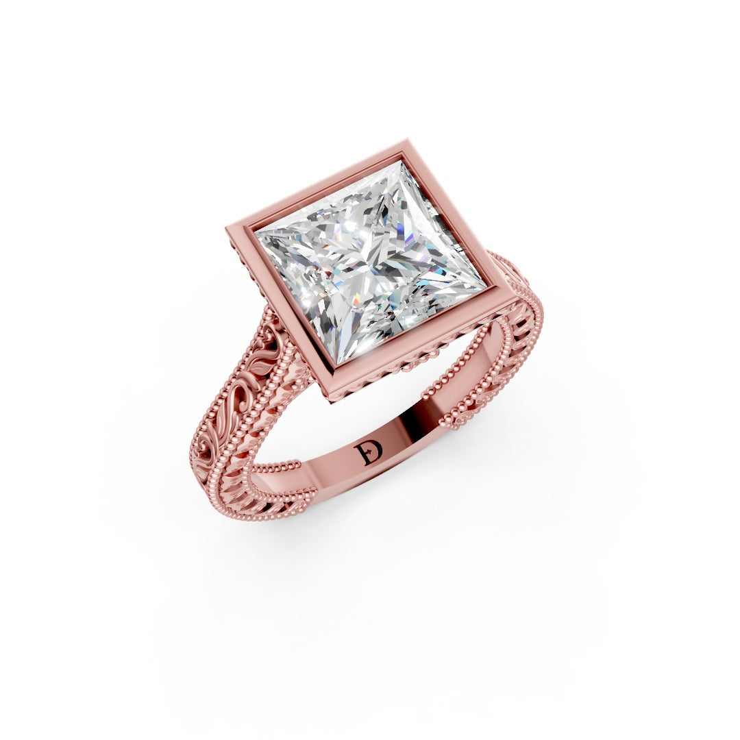 Princess Cut Bezel Set Filigree Engagement Ring