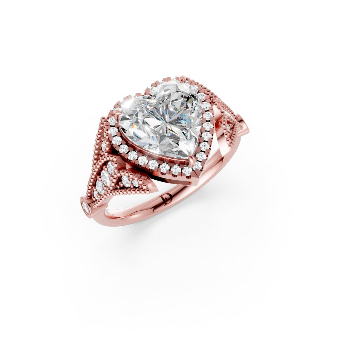 Vintage Inspired Heart Cut Lab Diamond Milgrain Halo Wedding Ring