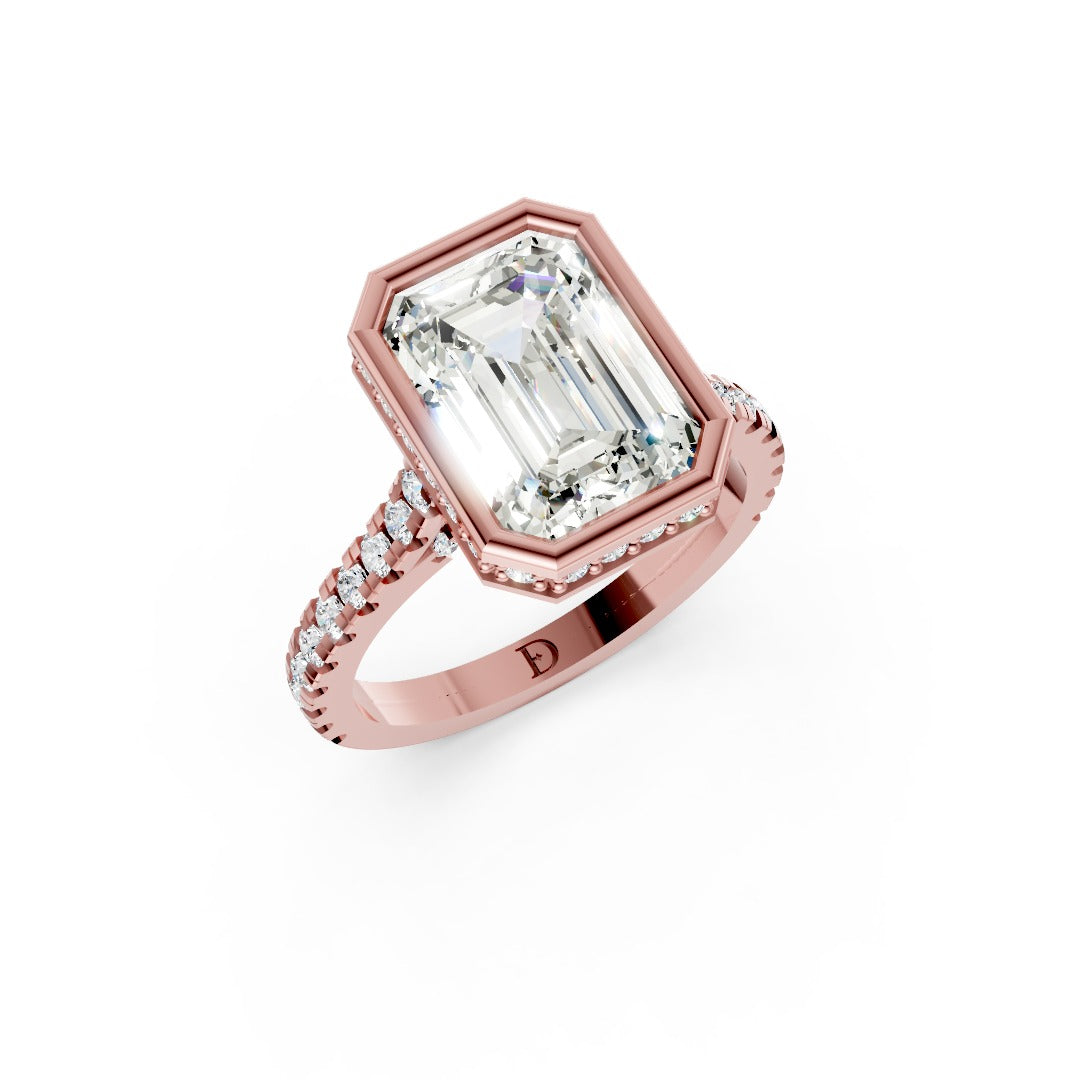Emerald Brilliant Diamond Bezel Engagement Ring with Hidden Halo Diamond