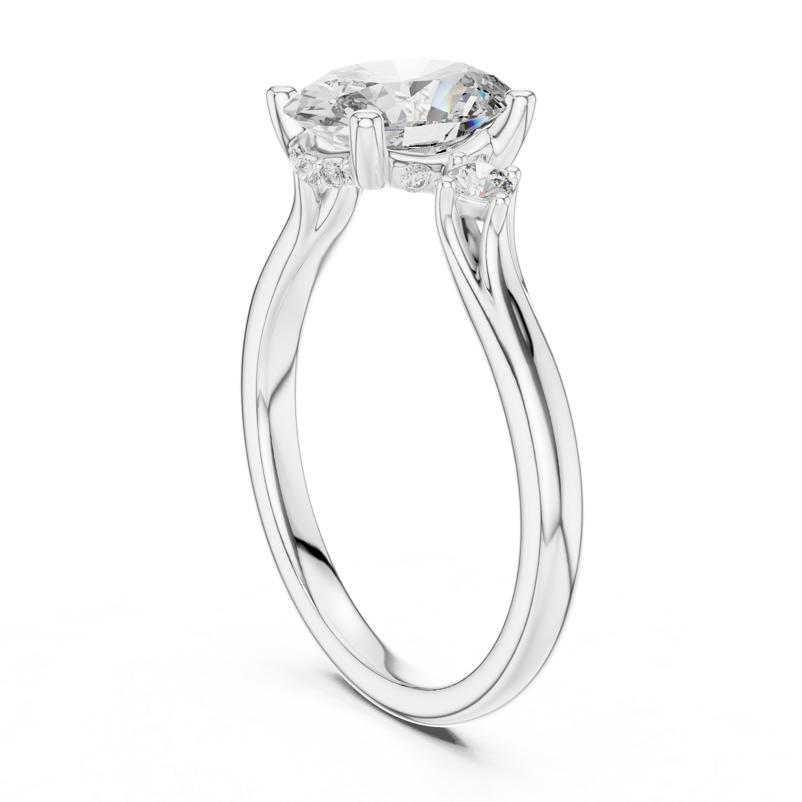Oval Cut Three-Stone Ring with Hidden Halo & Cathedral Shank