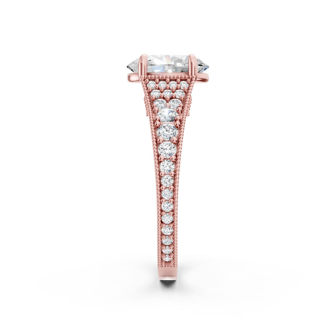 Oval Cut Lab Diamond Milgrain Cathedral Engagement Ring With Pave