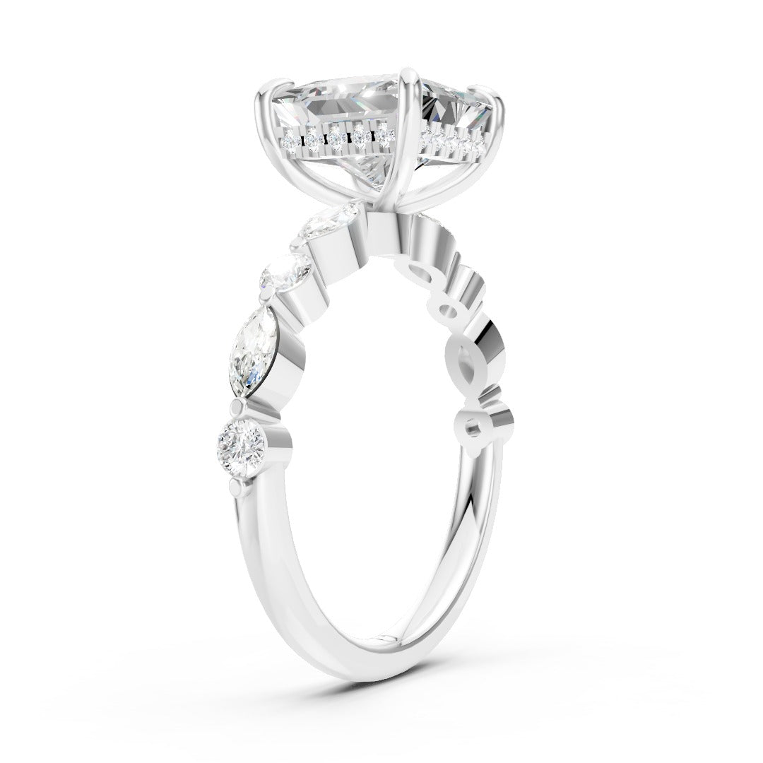 Princess Cut Diamond Alternating Round And Marquise Engagement Ring