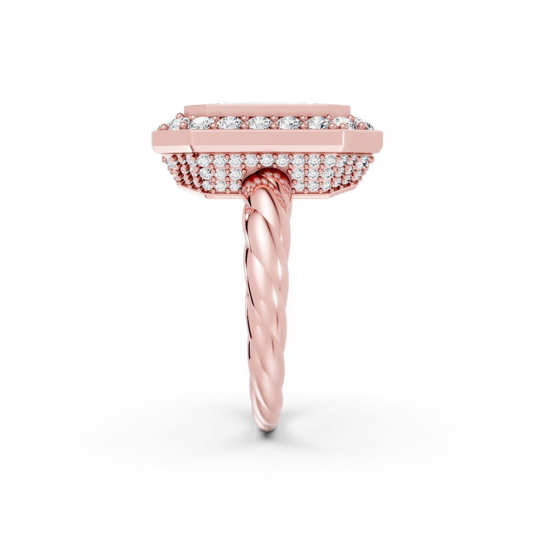 Vintage Emerald Cut Halo Twist Rope Shank Ring