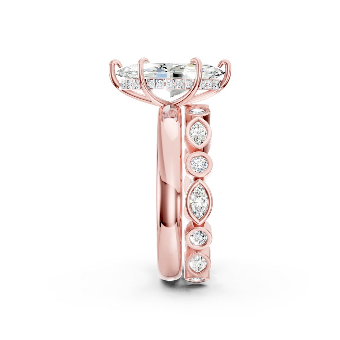 Marquise Cut Solitaire and Alternating Bezel Diamond Ring Set