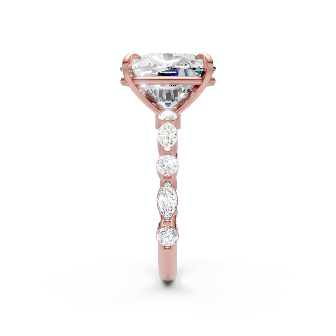 Elongated Cushion Lab Grown Diamond with Marquise & Round Side Stones Ring