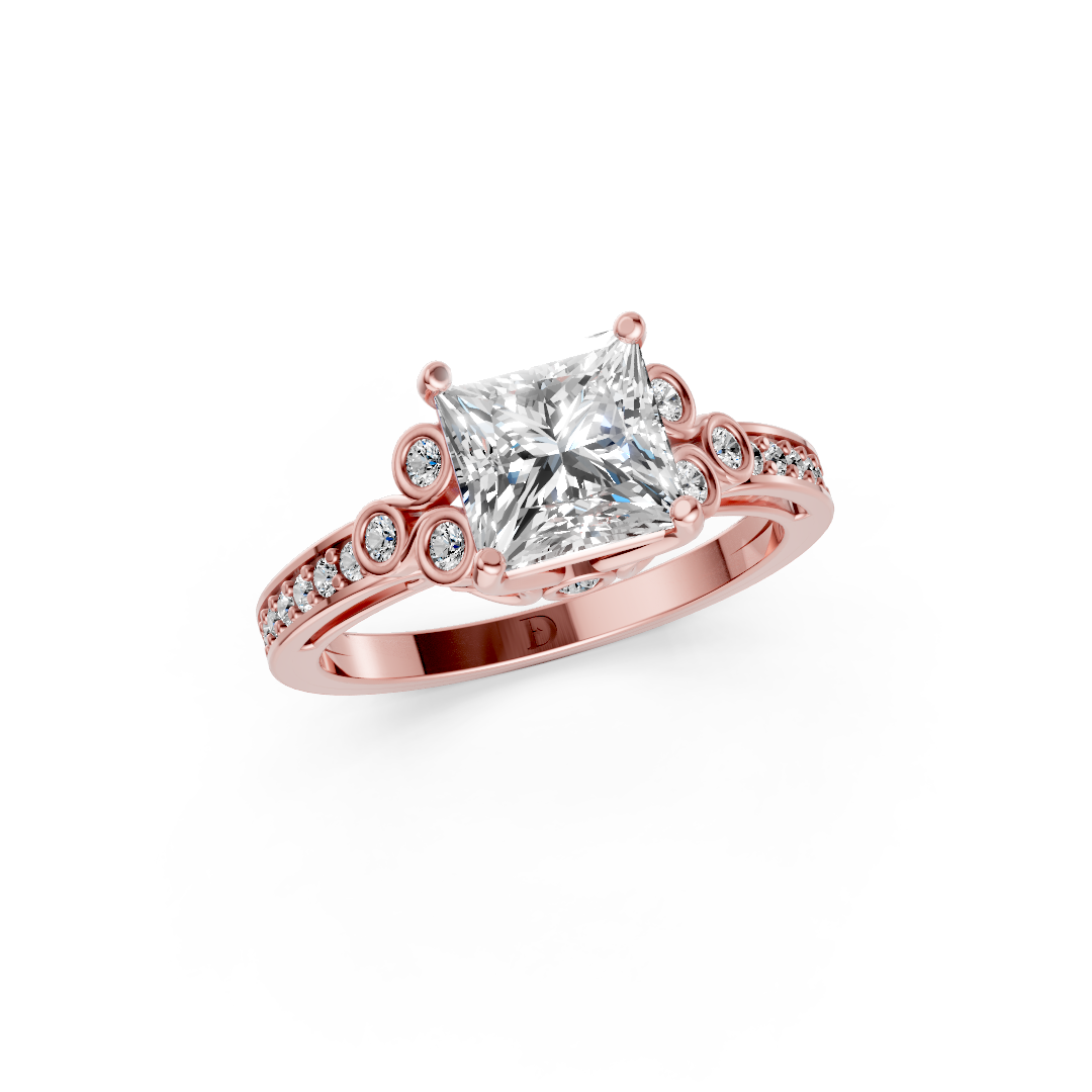 Princess Cut Diamond With Bezel Cluster & Scroll Gallery Ring