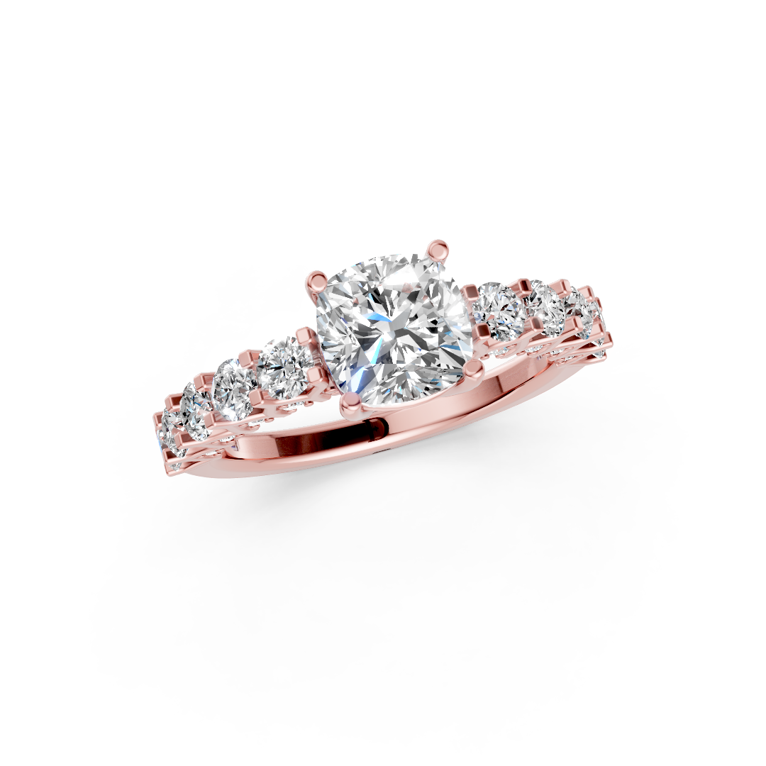 Cushion Cut Diamond With Scalloped Graduated Shank Ring