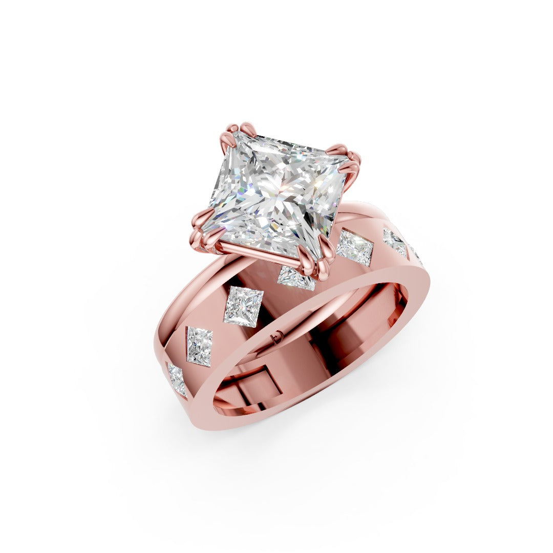 Princess Cut Bridal Set Ring With Diamond Flush Set Wedding Band