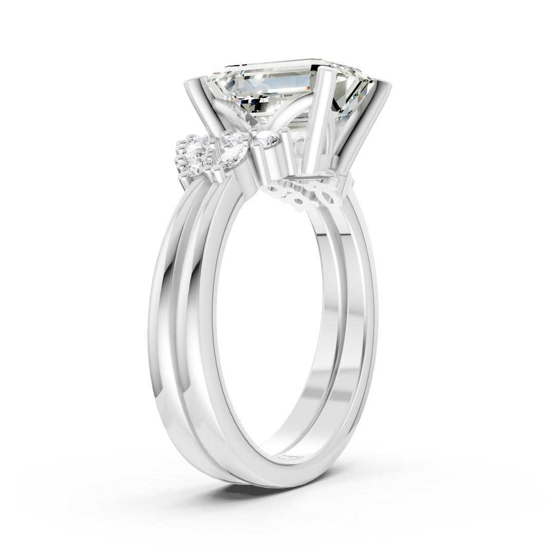 Classic Emerald Bridal Ring Set With Curved Wedding Band