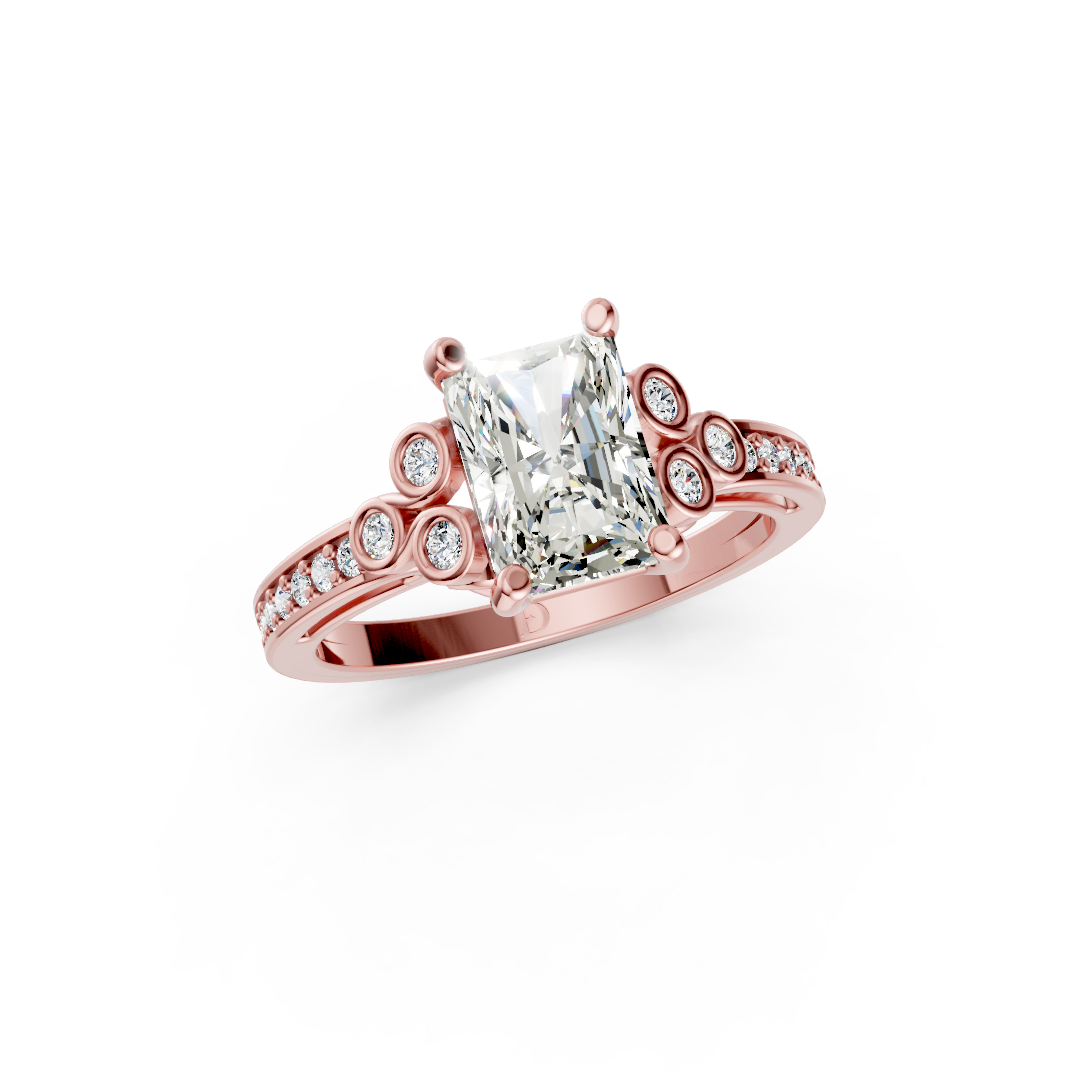 Radiant Cut Diamond With Bezel Cluster & Scroll Gallery Ring