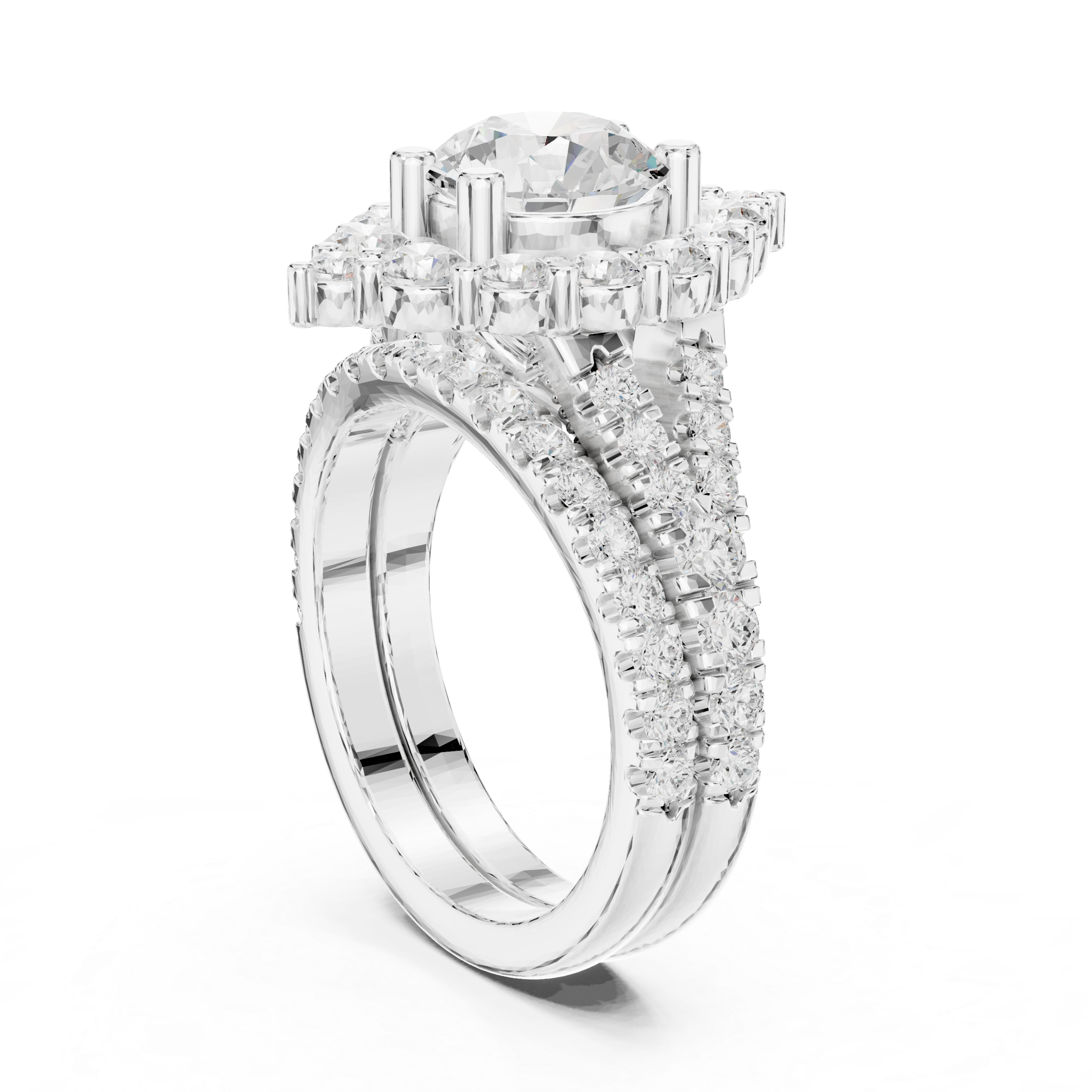Round Cut Pave Diamond Statement Ring with Triple Row Shank