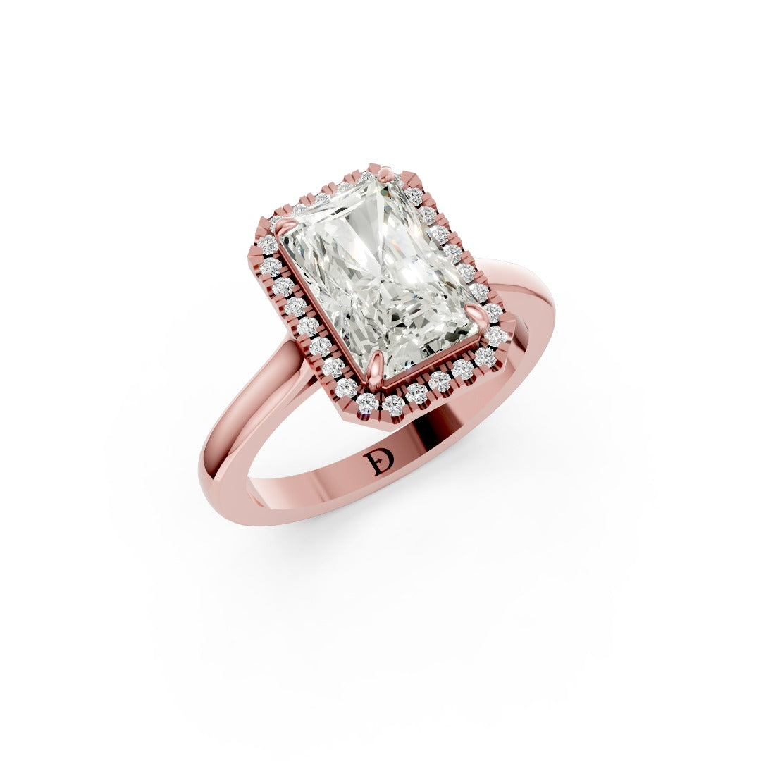 Radiant Brilliant Cut Halo Diamond Cathedral Shank Ring