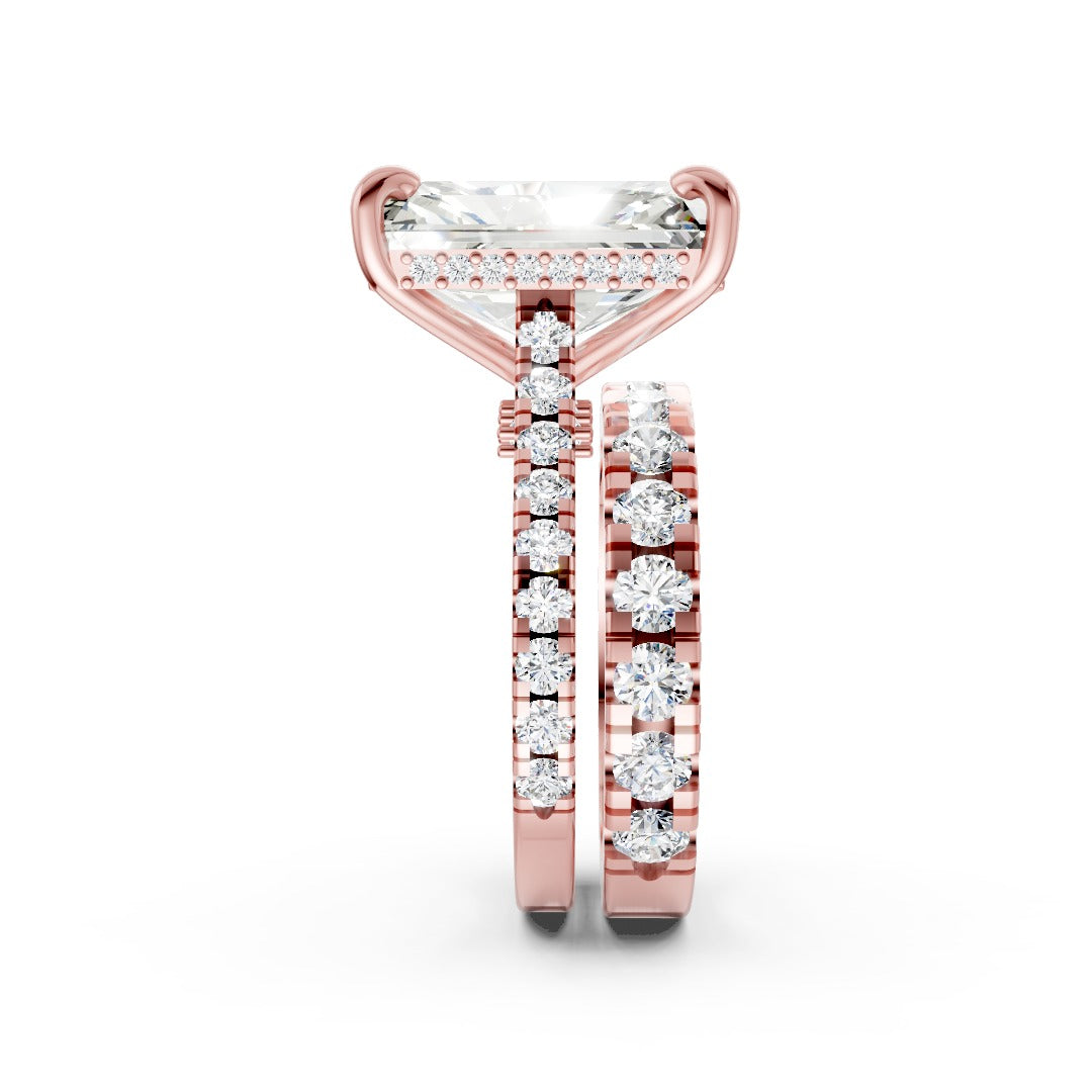 Radiant Cut Hidden Halo Double Row Diamond Bridal Set