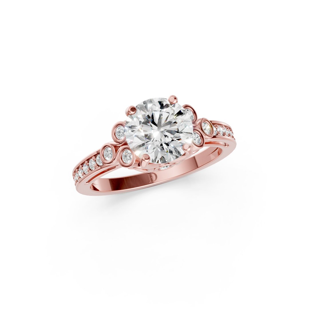 Round Cut Diamond With Bezel Cluster & Scroll Gallery Ring