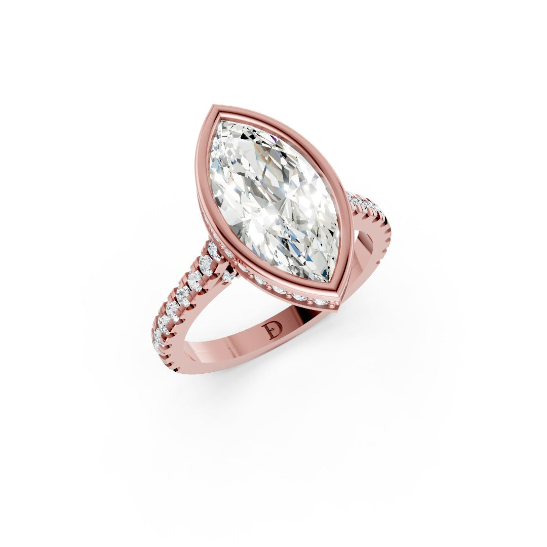 Marquise Brilliant Diamond Bezel Engagement Ring with Hidden Halo Diamond
