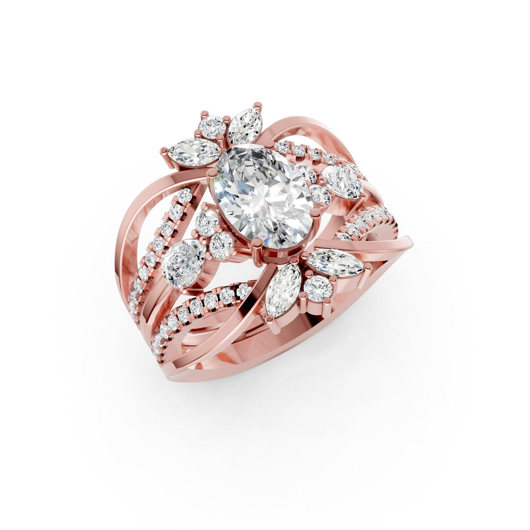 Art Deco Oval Cut Lab Grown Diamond Vintage Floral Cluster Bridal Ring Set