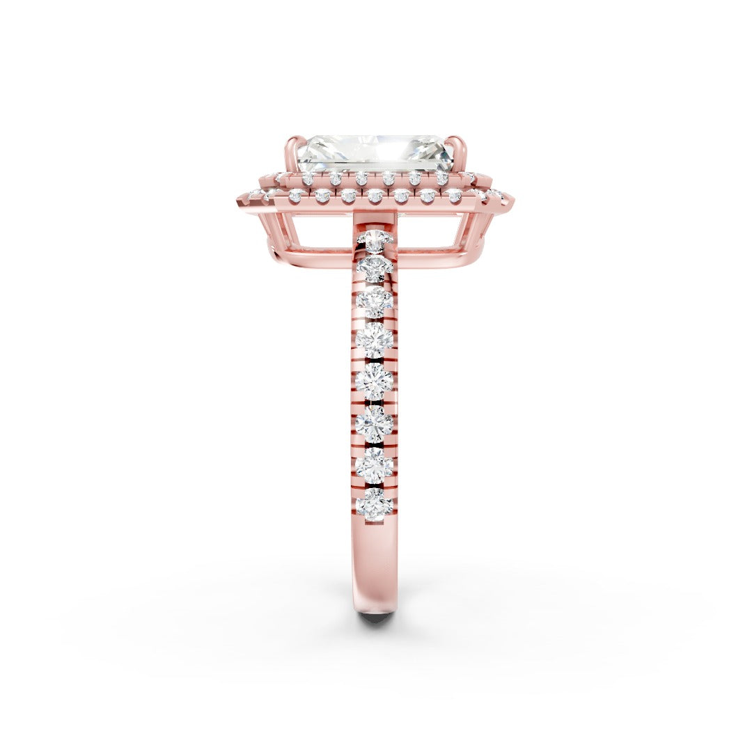 Radiant Cut Diamond with Double Halo Setting and Pave Engagement Ring