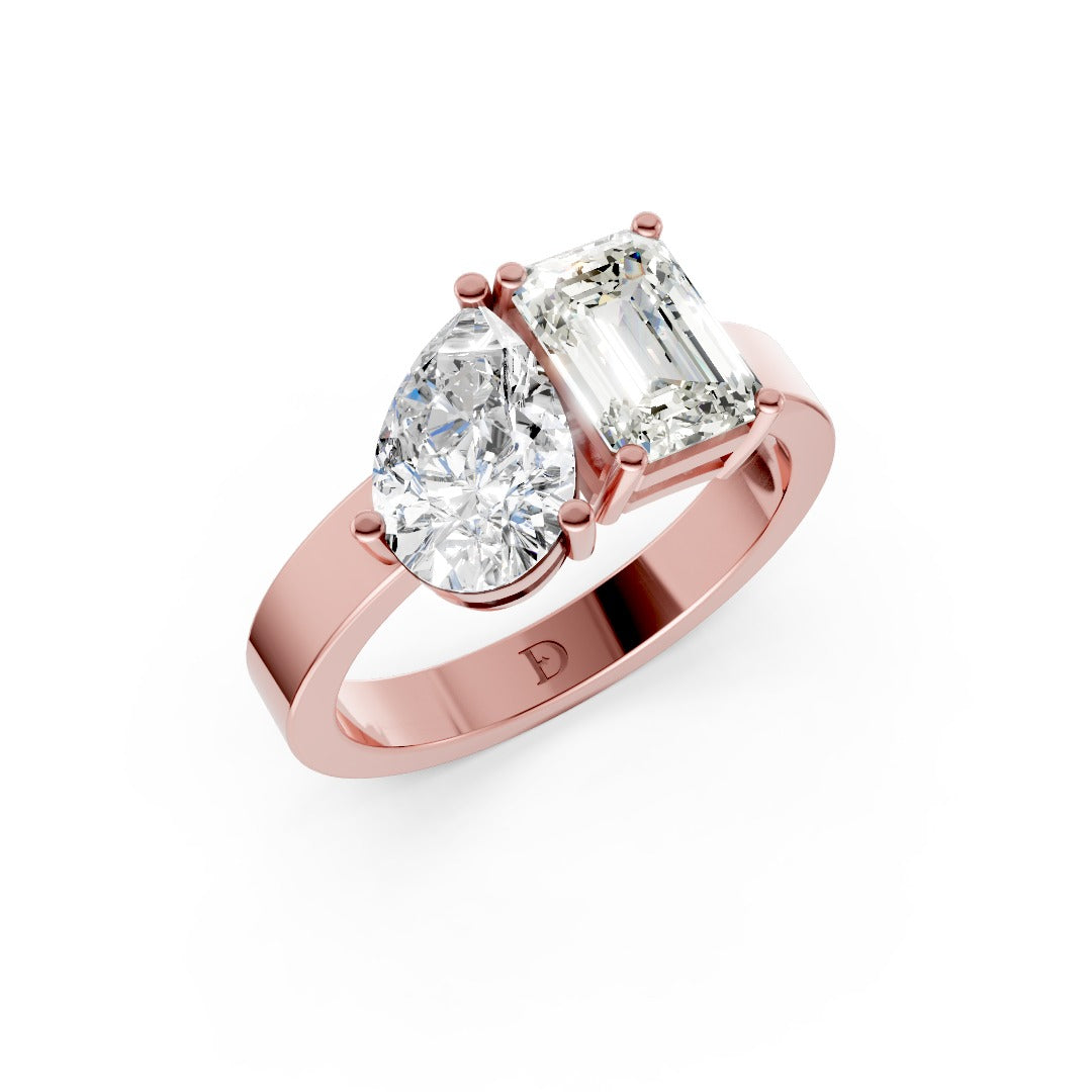 Emerald and Pear Cut Two Stone Diamond Anniversary Ring