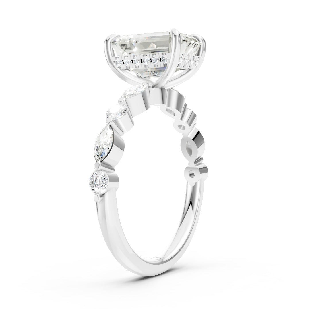 Emerald Cut Diamond Alternating Round And Marquise Engagement Ring