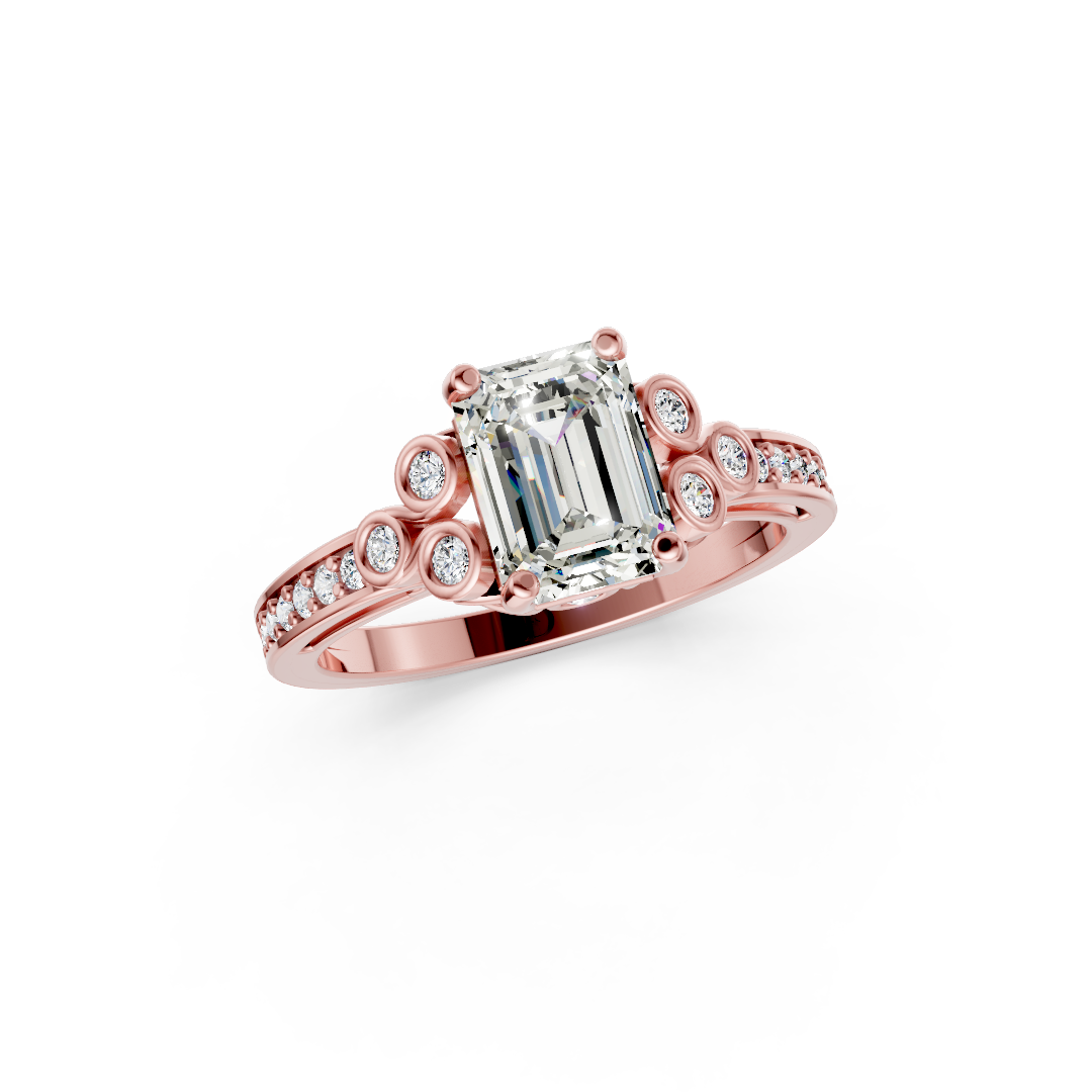 Emerald Cut Diamond With Bezel Cluster & Scroll Gallery Ring