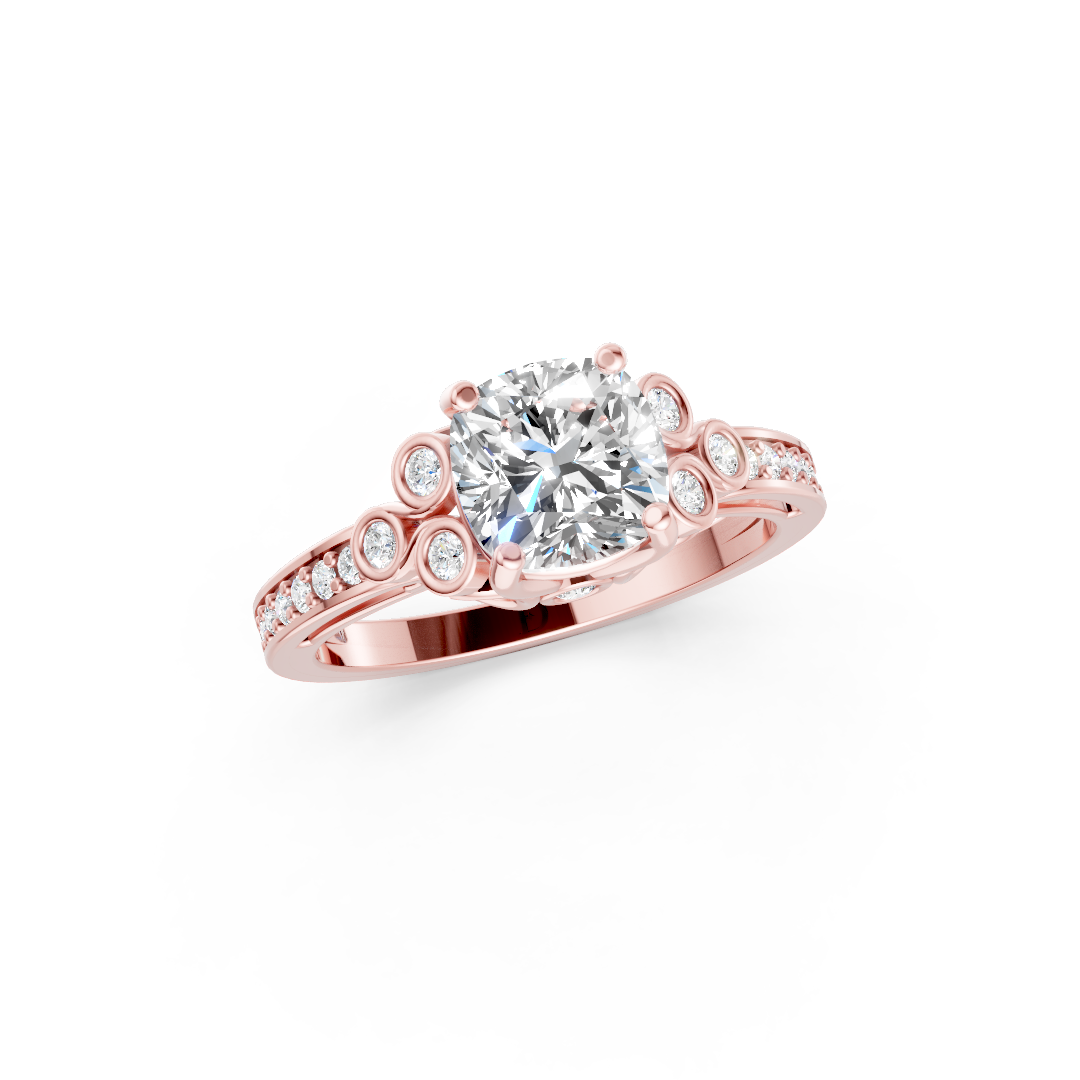 Cushion Cut Diamond With Bezel Cluster & Scroll Gallery Ring