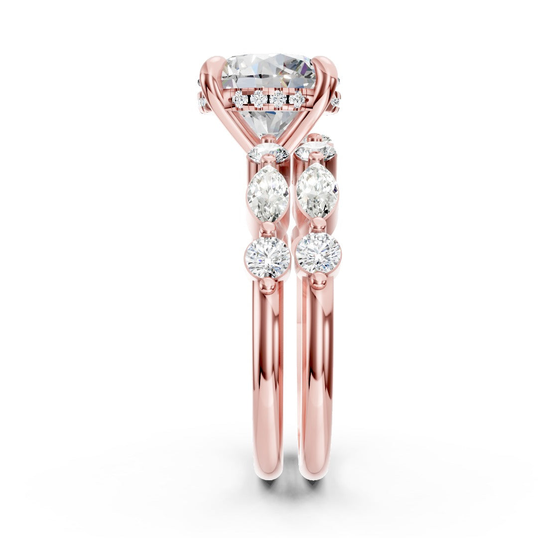 Round Lab Diamond Marquise Accent Hidden Halo Bridal Ring Set