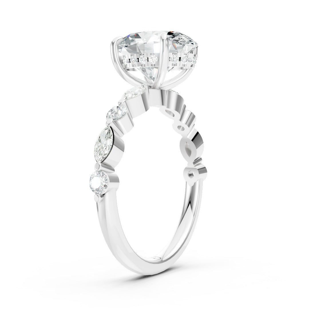 Oval Cut Diamond Alternating Round And Marquise Engagement Ring