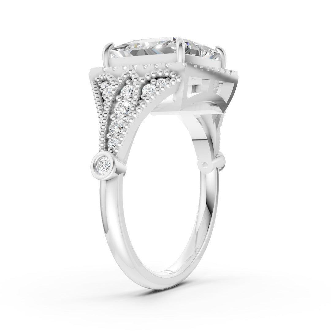 Vintage Inspired Princess Cut Lab Diamond Milgrain Halo Wedding Ring