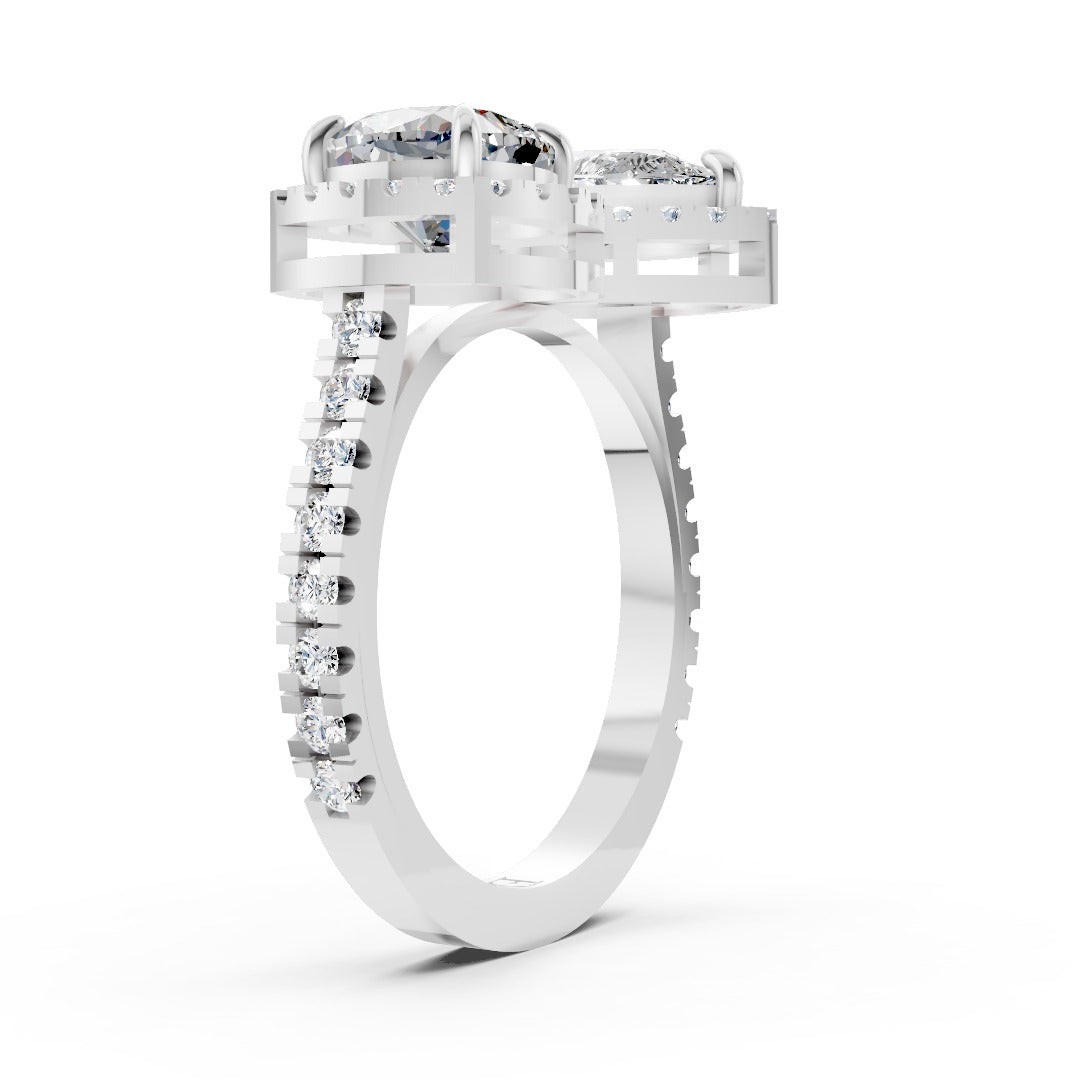 You And Me Pear And Cushion Diamond Cathedral Shank Ring
