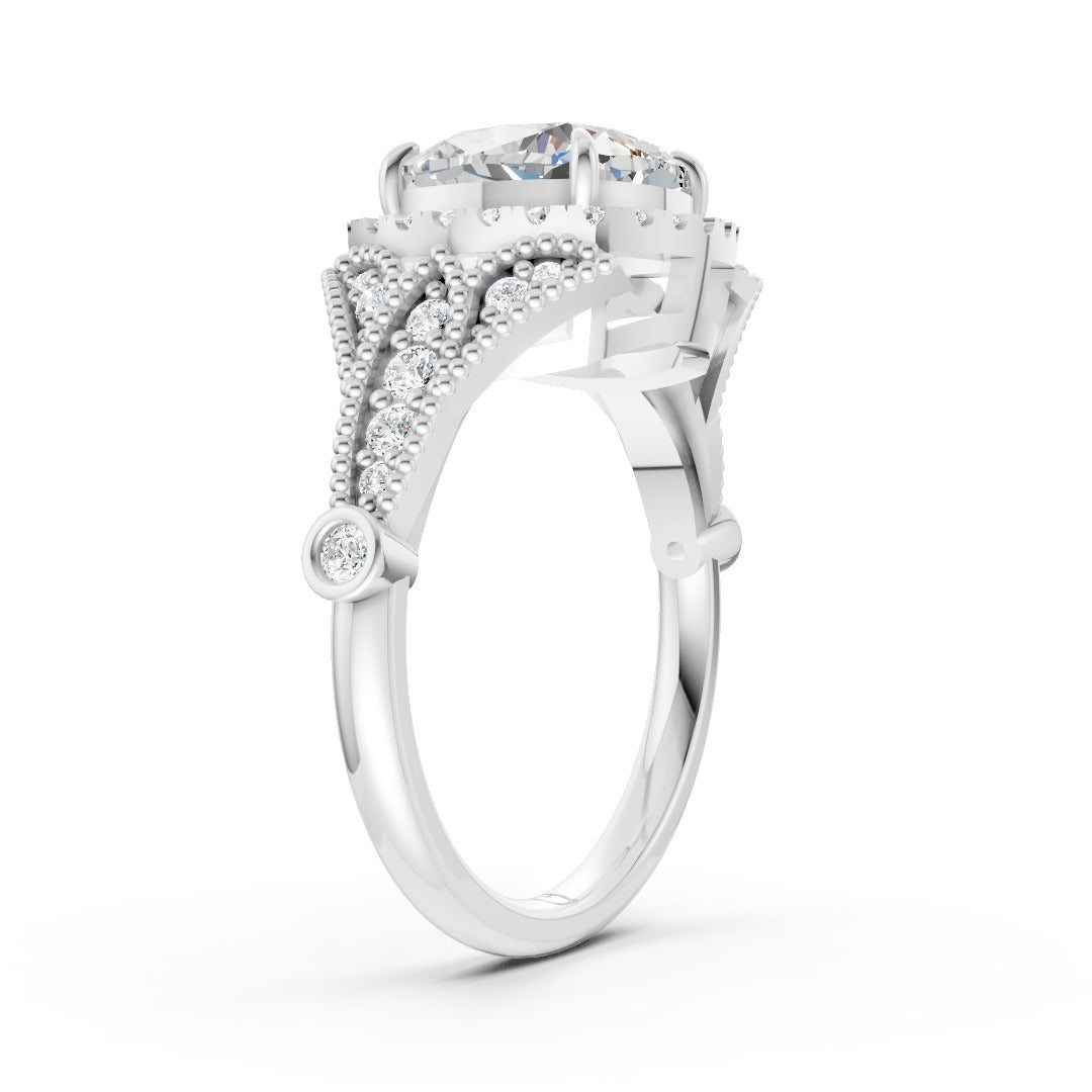 Vintage Inspired Cushion Cut Lab Diamond Milgrain Halo Wedding Ring