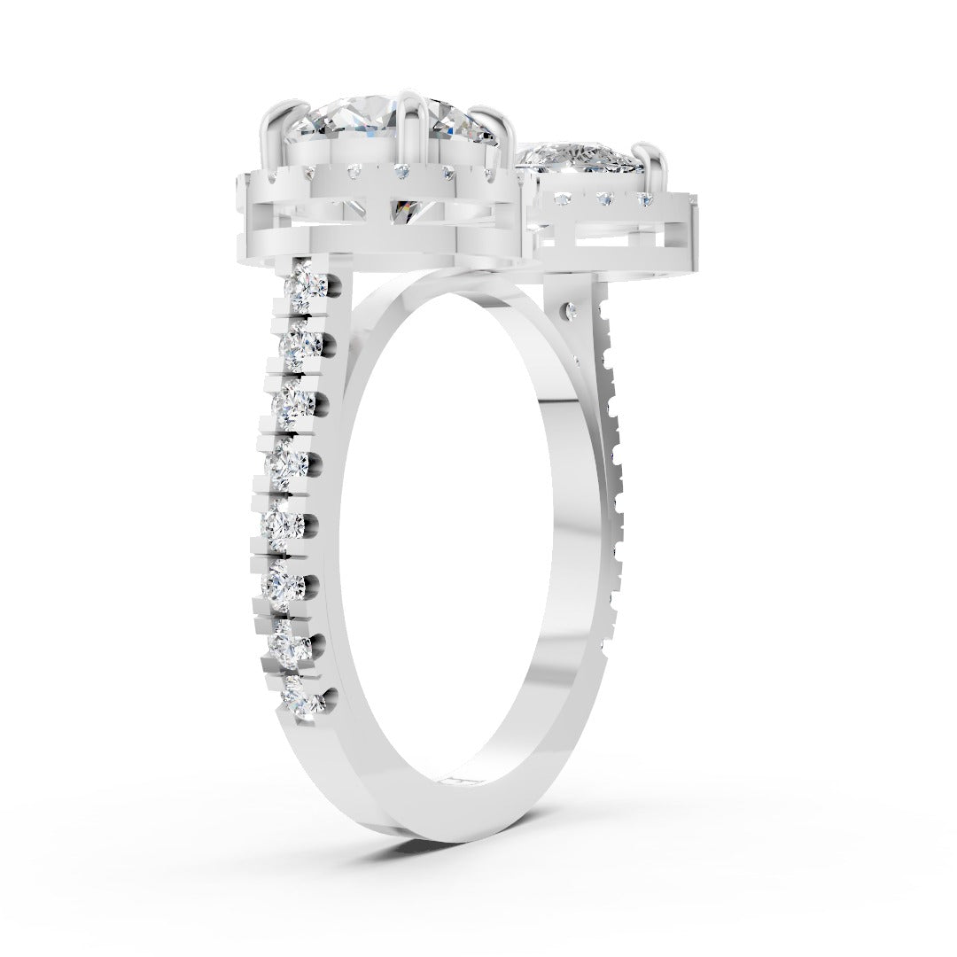 You And Me Pear And Round Diamond Cathedral Shank Ring