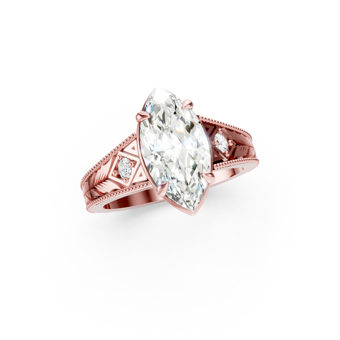Antique Three Stone Leaf Engraved Band Marquise Cut Ring