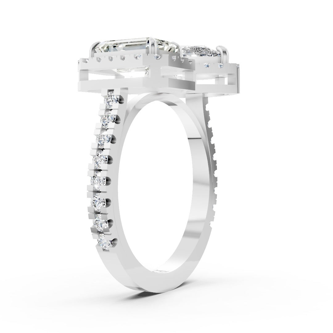 You And Me Pear And Emerald Diamond Cathedral Shank Ring