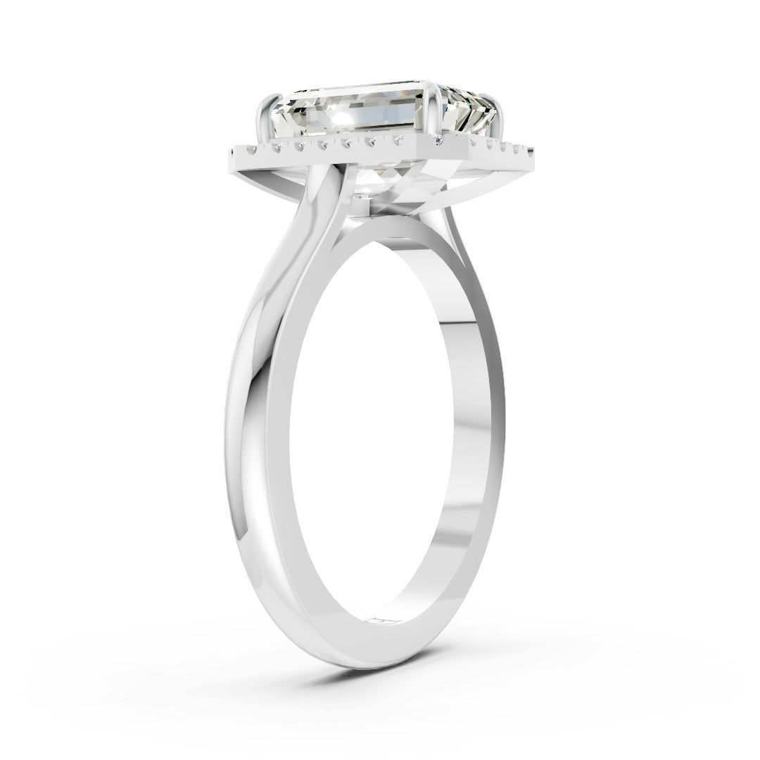 Emerald Brilliant Cut Halo Diamond Cathedral Shank Ring