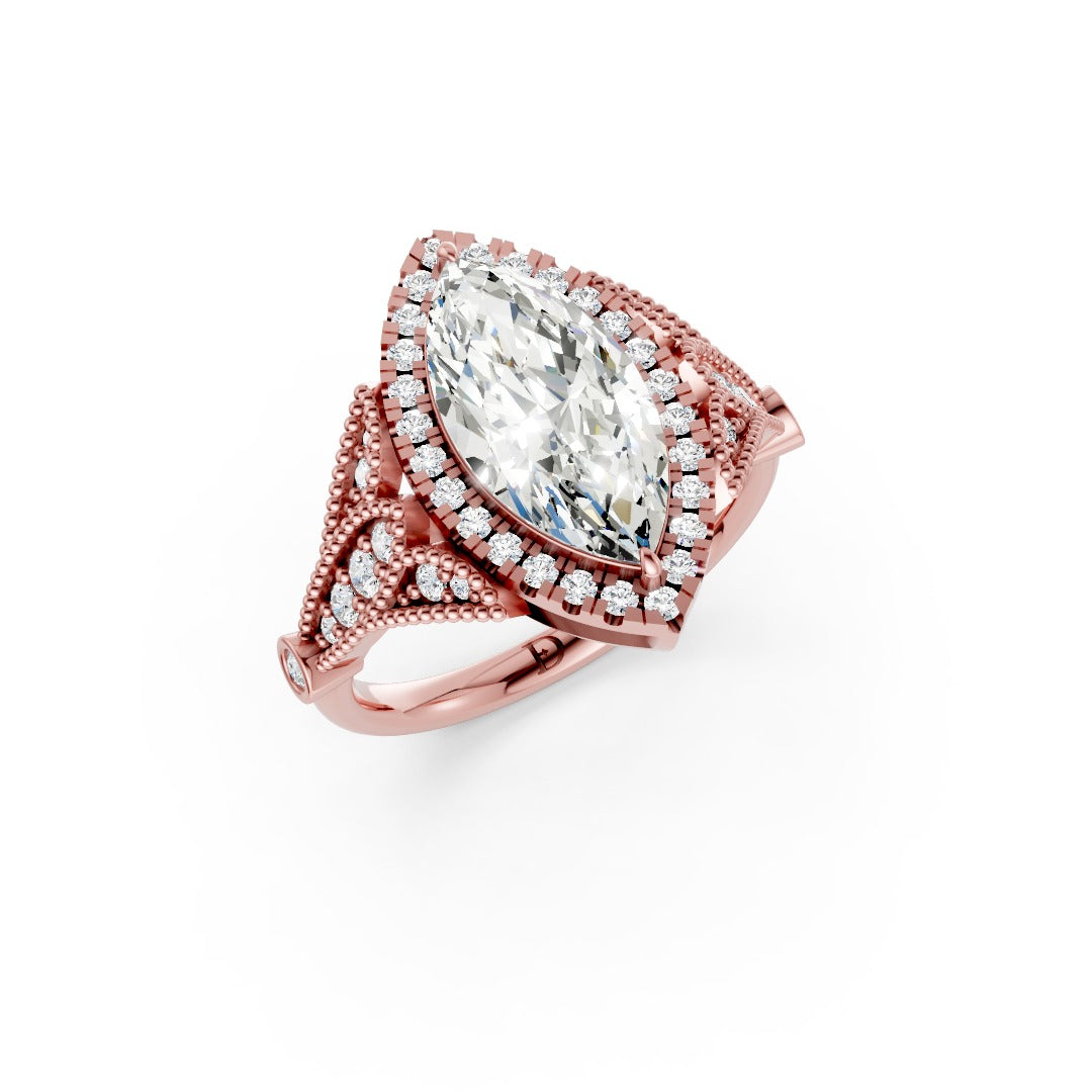 Vintage Inspired Marquise Cut Lab Diamond Milgrain Halo Wedding Ring