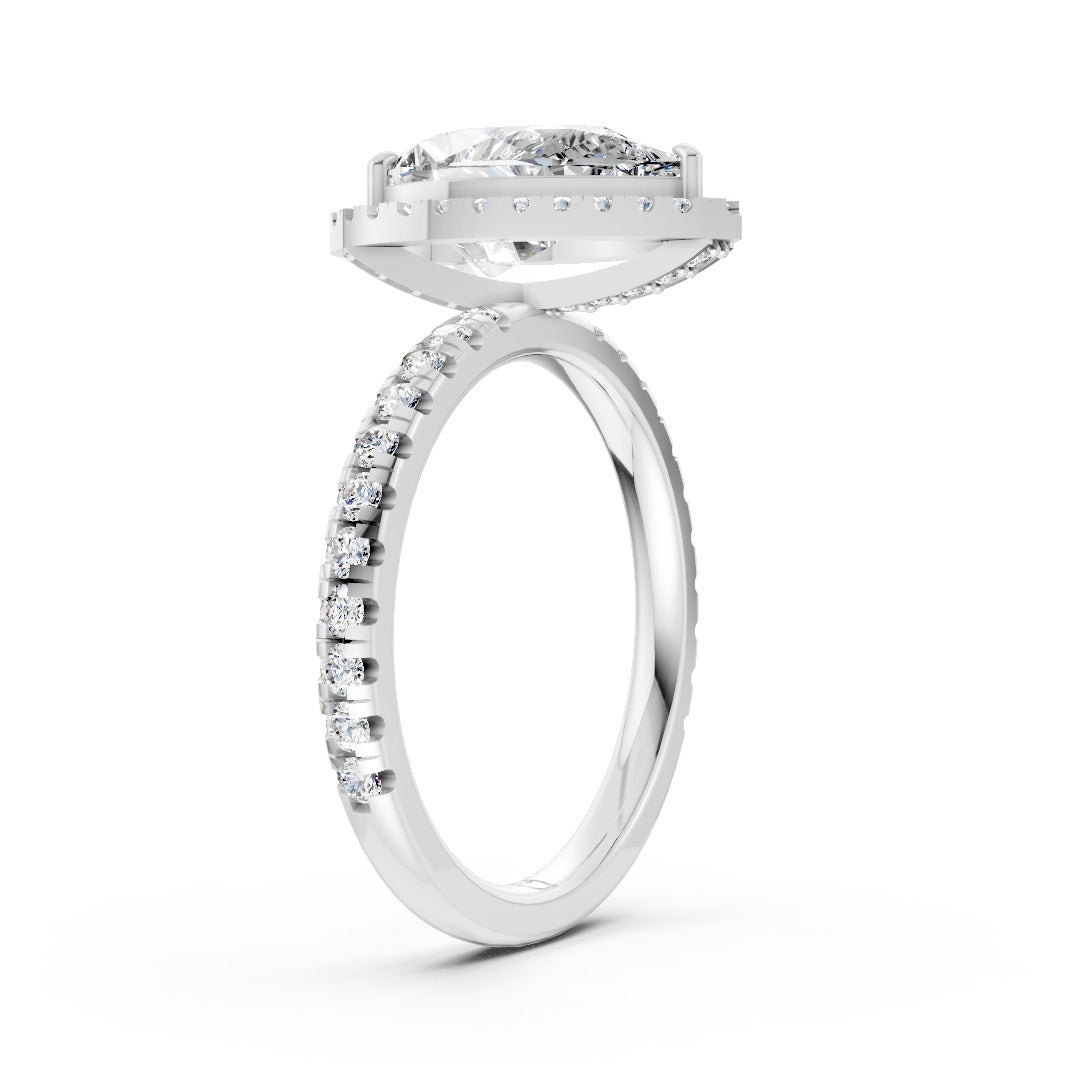 Lab Grown Pear Diamond Halo Engagement Ring With Pave Set Band