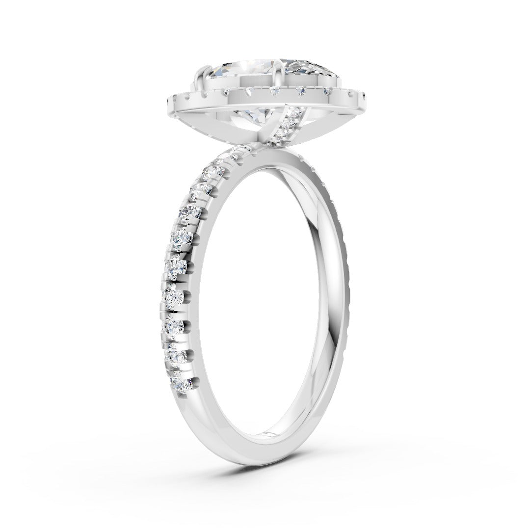 Lab Grown Oval Diamond Halo Engagement Ring With Pave Set Band