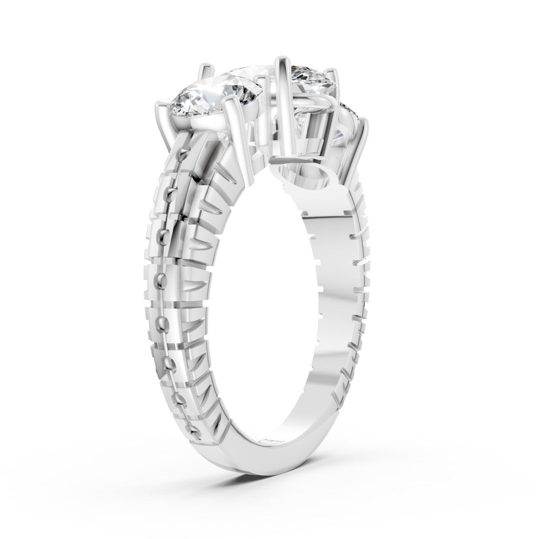 Oval Cut Three-Stone With Ribbed Textured Band Ring