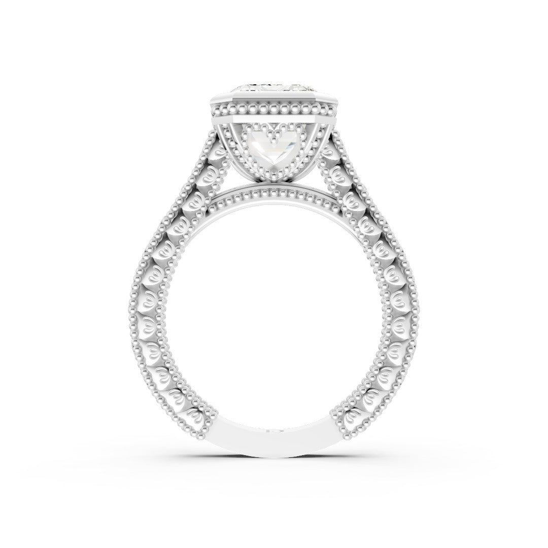 Emerald Cut Bezel Set Filigree Engagement Ring