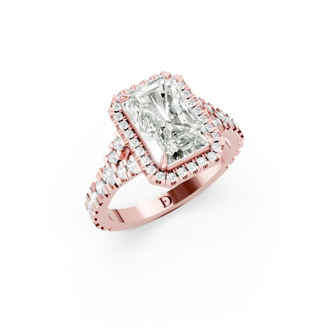 Radiant Cut Halo & V-Split Shank Pavé Diamond Ring