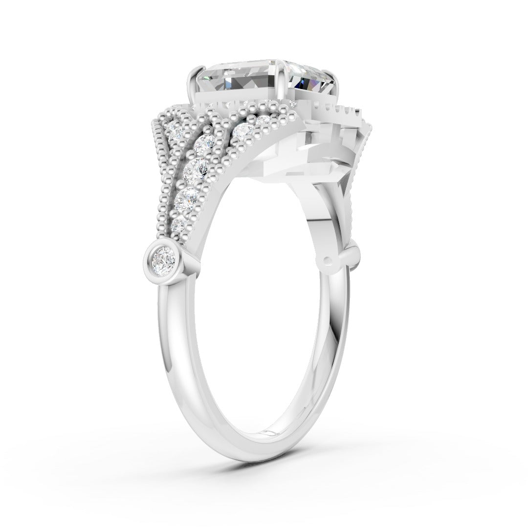 Vintage Inspired Asscher Cut Lab Diamond Milgrain Halo Wedding Ring