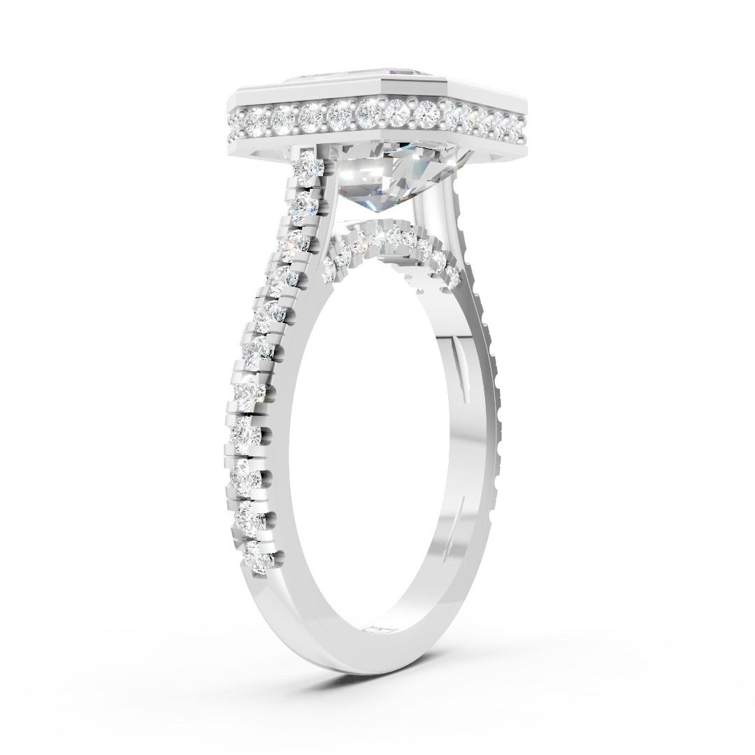 Asscher Brilliant Diamond Bezel Engagement Ring with Hidden Halo Diamond