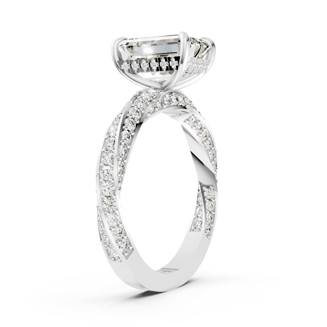 Hidden Halo Emerald Cut With Double Row Twisted Ring