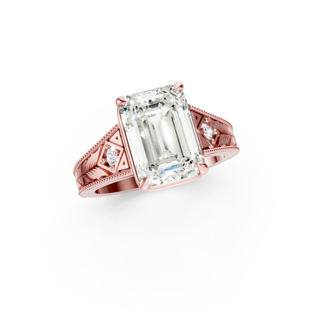 Antique Three Stone Leaf Engraved Band Emerald Cut Ring