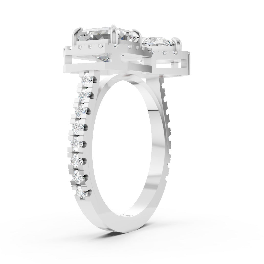 You And Me Pear And Asscher Diamond Cathedral Shank Ring