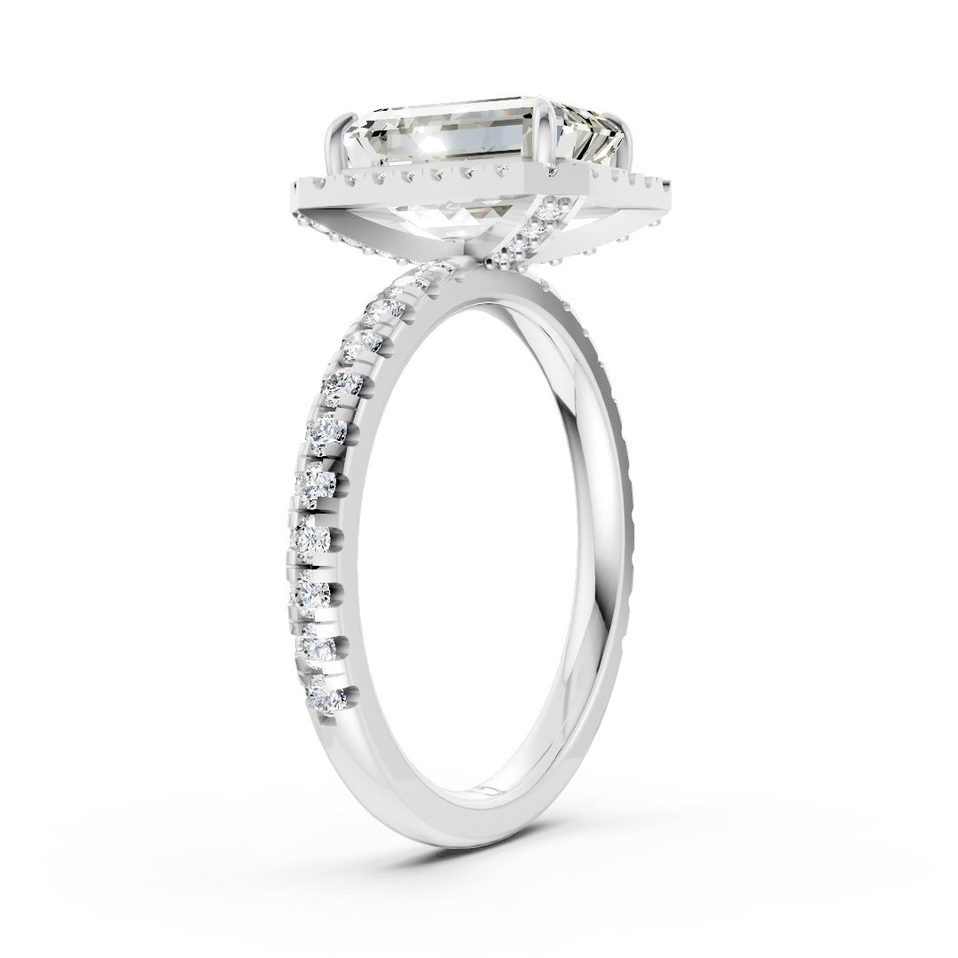 Lab Grown Emerald Diamond Halo Engagement Ring With Pave Set Band