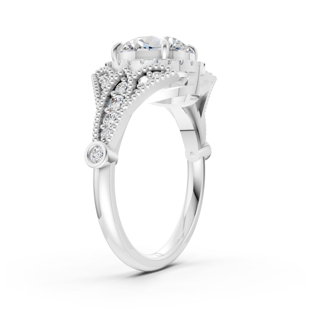 Vintage Inspired Round Cut Lab Diamond Milgrain Halo Wedding Ring