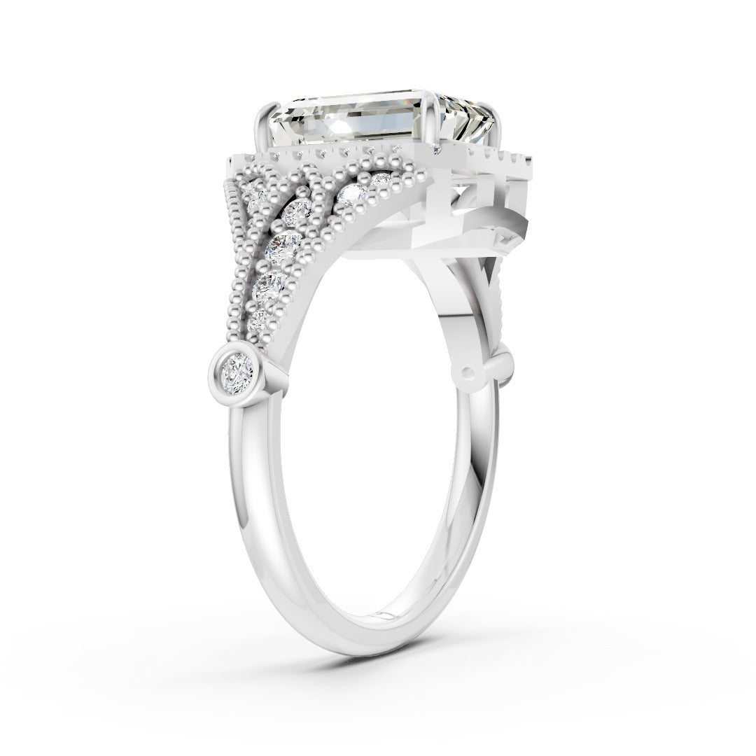 Vintage Inspired Emerald Cut Lab Diamond Milgrain Halo Wedding Ring